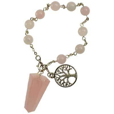 Rose Quartz pendulum bracelet with Tree of Life charm and natural stone beads for meditation and energy work