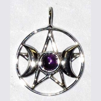 3/4" Triple Goddess Pentagram Amethyst sterling