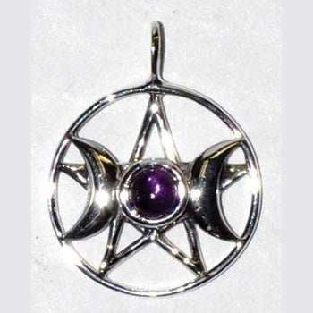 3/4" Triple Goddess Pentagram Amethyst sterling