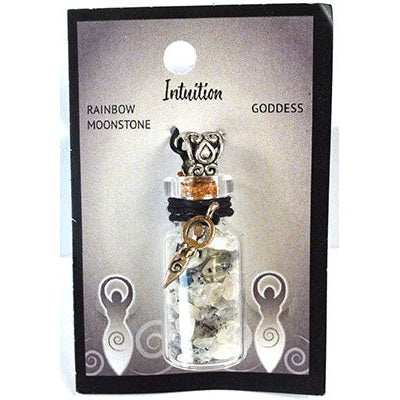 Rainbow Moonstone Chips in Bottle with Goddess necklace