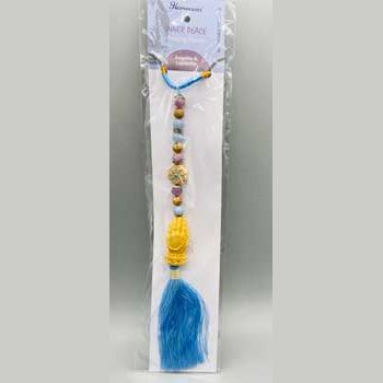 Inner Peace praying hands necklace with Angelite and Lepidolite beads and blue tassel, handcrafted for spiritual connection and serenity.