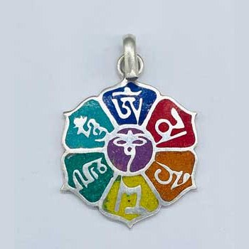 1 1/4" colorful Lotus pendant with Mani Padme Hum symbol, silver toned hardware.
