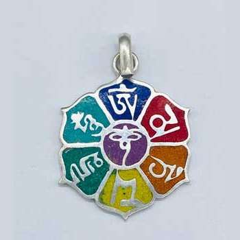 Om Mani Padme Hum Lotus Pendant: 1 1/4 inch colorful lotus pendant with Mani Padme Hum symbol and silver toned hardware