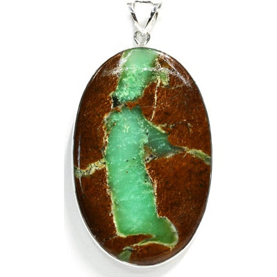 Large oval Chrysoprase pendant set in .925 sterling silver with green and brown polished stone surface