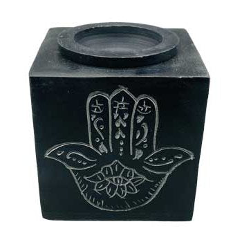 Hand soapstone oil diffuser with Hamsa Hand etching and matte black finish.