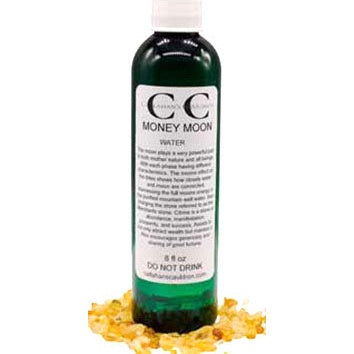 8oz green bottle of Money Moon water with citrine chips for abundance and spiritual cleansing