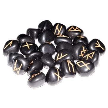 Black Agate Rune Set with hand-carved gold runes for spiritual protection and grounding