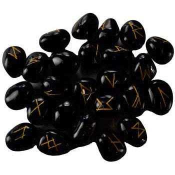 Black Onyx rune set with 24 Elder Futhark stones and a blank rune in a pouch