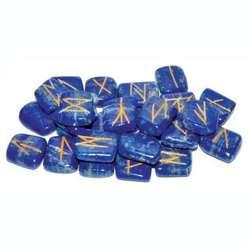 Set of carved blue Lapis rune stones with golden Elder Futhark symbols for divination and spiritual use