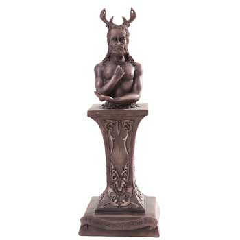 Horned God statue in bronze color, polyresin, standing on ornate pedestal.
