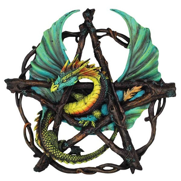 Forest Pentagram Dragon Wall Plaque with green dragon entwined in wooden pentagram, artwork by Anne Stokes.