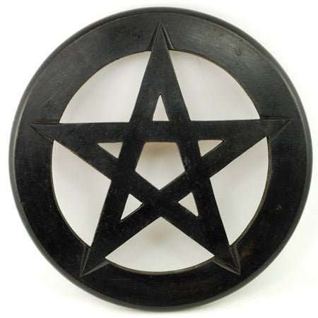 Pentagram Wall Hanging carved from wood, stained black with metal hanger bracket.