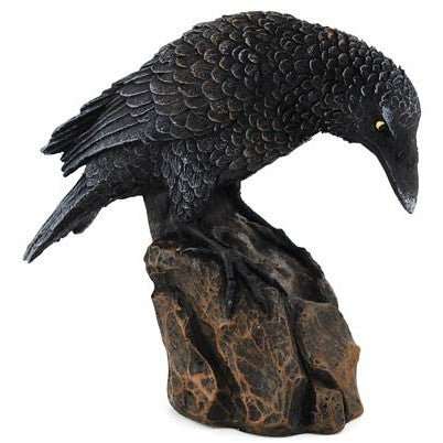 Downward Looking Raven statue inspired by Edgar Allen Poe's "The Raven" poem, 5 1/2 inches tall.