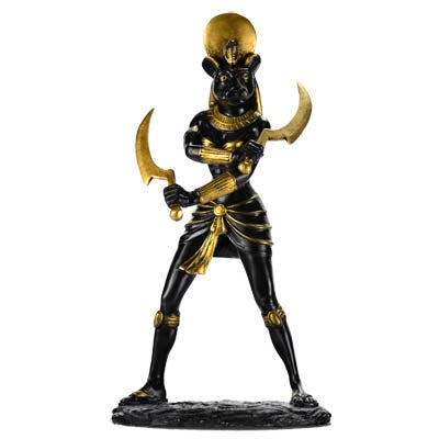 Sekhmet statue with curved swords in black and gold enamel.