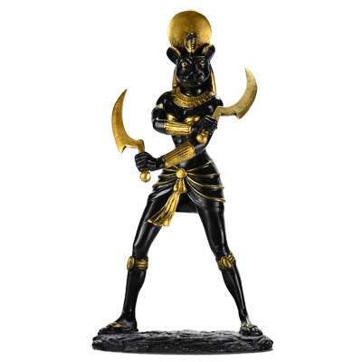Sekhmet statue 11-inch cold cast resin with black and gold enamel brandishing two curved swords