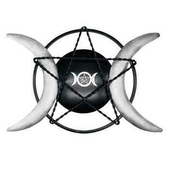 14-inch Triple Moon iron plaque with twisted pentagram design for spiritual wall decor