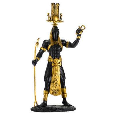 Thoth statue hand painted in black with gold embellishments, 12 inches tall.