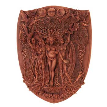 Triple Goddess wall plaque with Maid, Mother, Crone, and Celtic imagery.