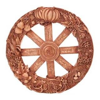 Hand-painted Wheel of the Year plaque with nature details like pumpkin, acorns, and nest eggs in light earth brown resin.