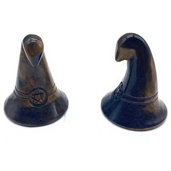 Set of 2 carved Tiger Eye Witch's Hats, 1 3/4" for grounding and energy balance.