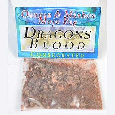 Consecrated Dragon's Blood spell and ritual component in a mojo bag.