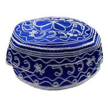 Yemaya santeria hat with blue and clear design, symbolic of the sea and motherhood.