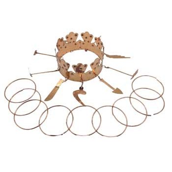 Oya tools brass crown set with eight tools, measuring 5 inches wide.