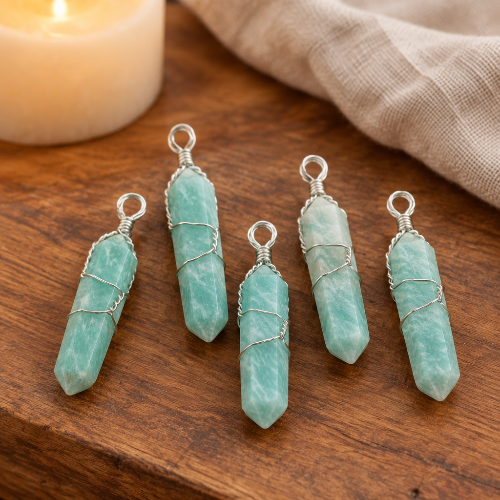 Amazonite points on a wooden altar
