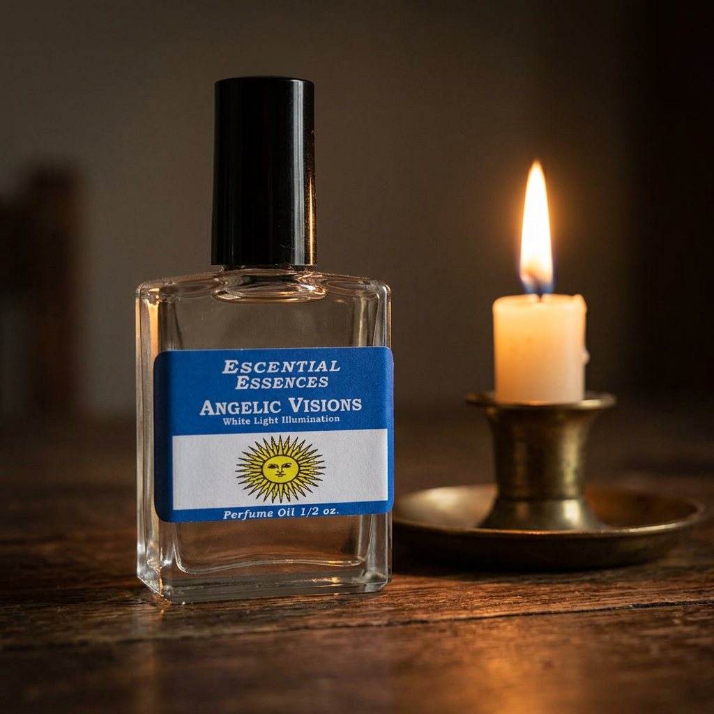 Amber Flame perfume oil bottle beside a flickering candle in a dark room, creating a sacred, ritualistic atmosphere.