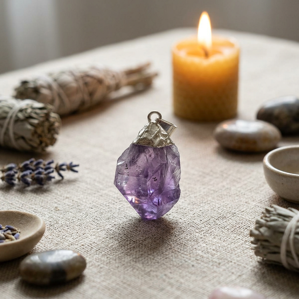 Amethyst pendant placed on natural fabric surface with ritual tools and candlelight, emphasizing raw texture and tranquil spiritual energy.