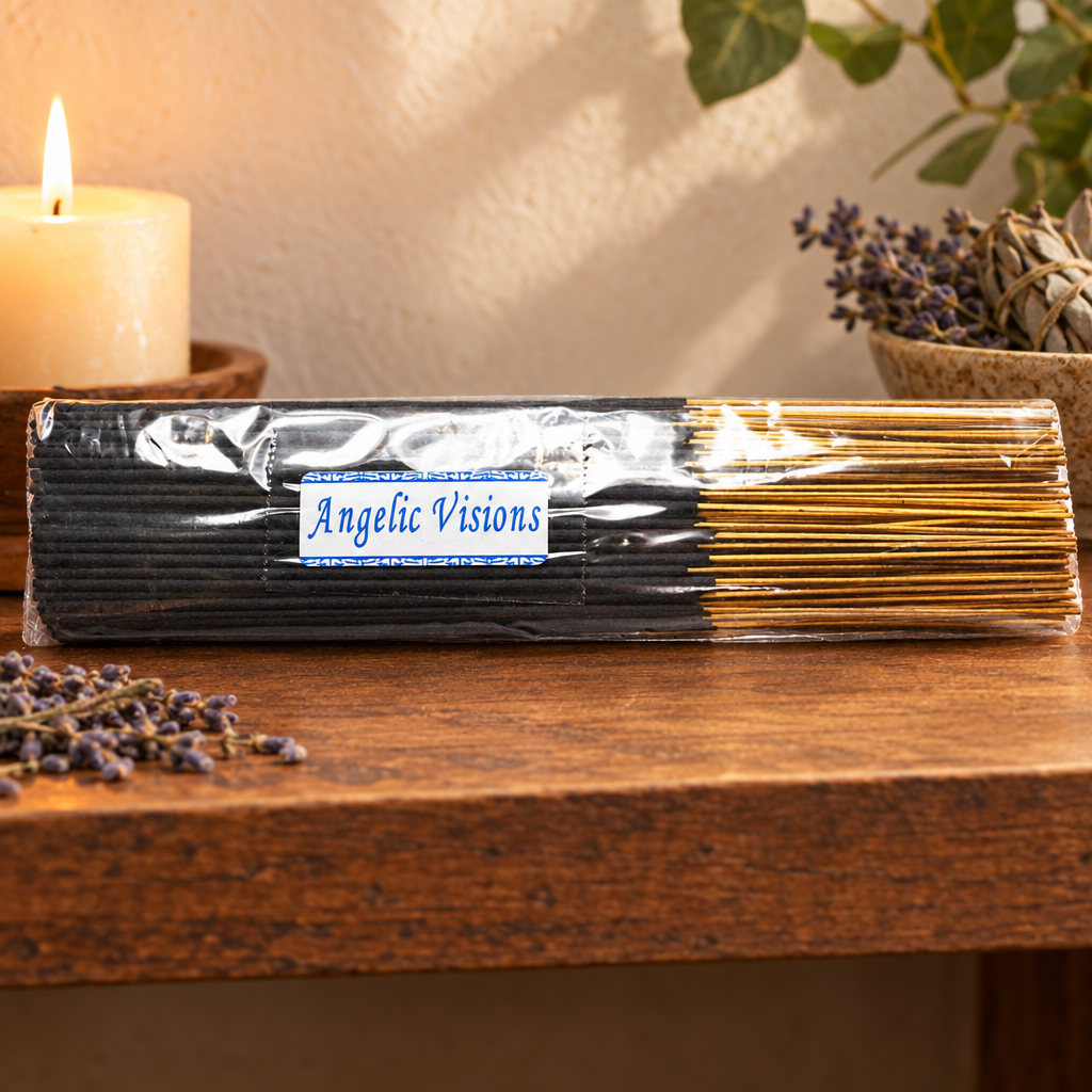 Angelic Vision incense on a styled shelf, review draft