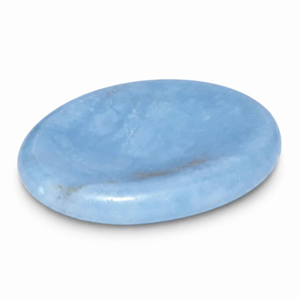 Angelite worry stone on white, review draft