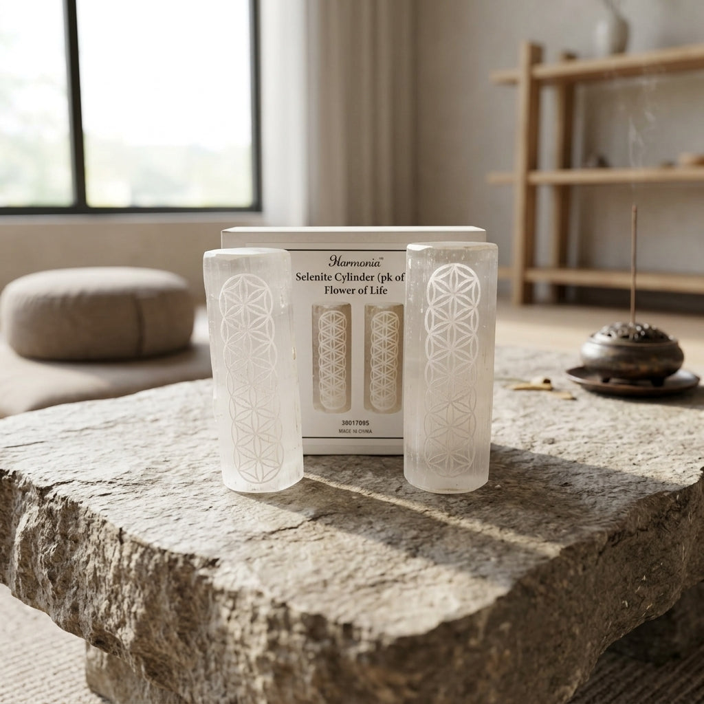 Upright pairing of selenite harmonizers with Flower of Life carvings on sunlit stone altar within peaceful meditation room.