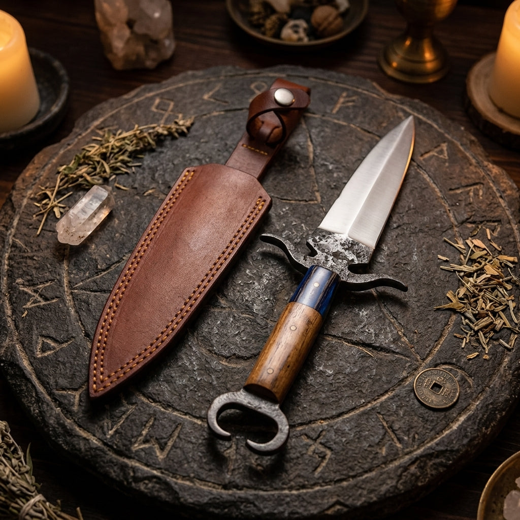 Manta Athame lying on dark stone surface, showcasing wooden handle, steel blade, and iron fittings with detailed texture and natural grain.
