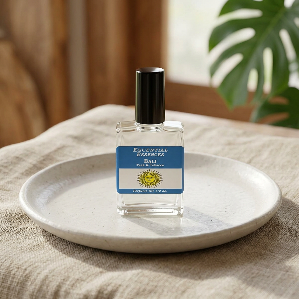 Bali perfume oil bottle on textured ceramic plate on linen cloth, with subtle tropical plant hints and tranquil ambiance.