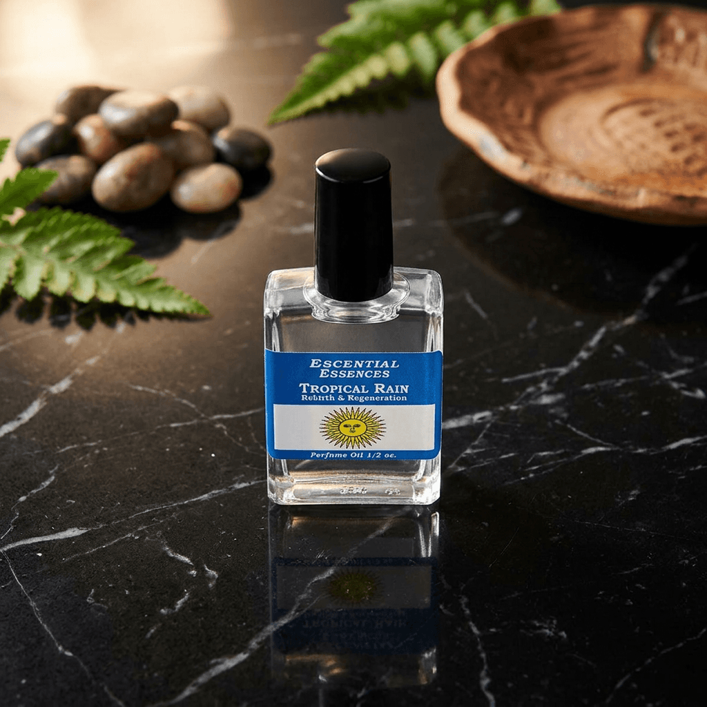 Overhead detailed view of tiny Tropical Rain essential oil bottle on reflective black marble with cinematic lighting emphasizing glass and golden oil.