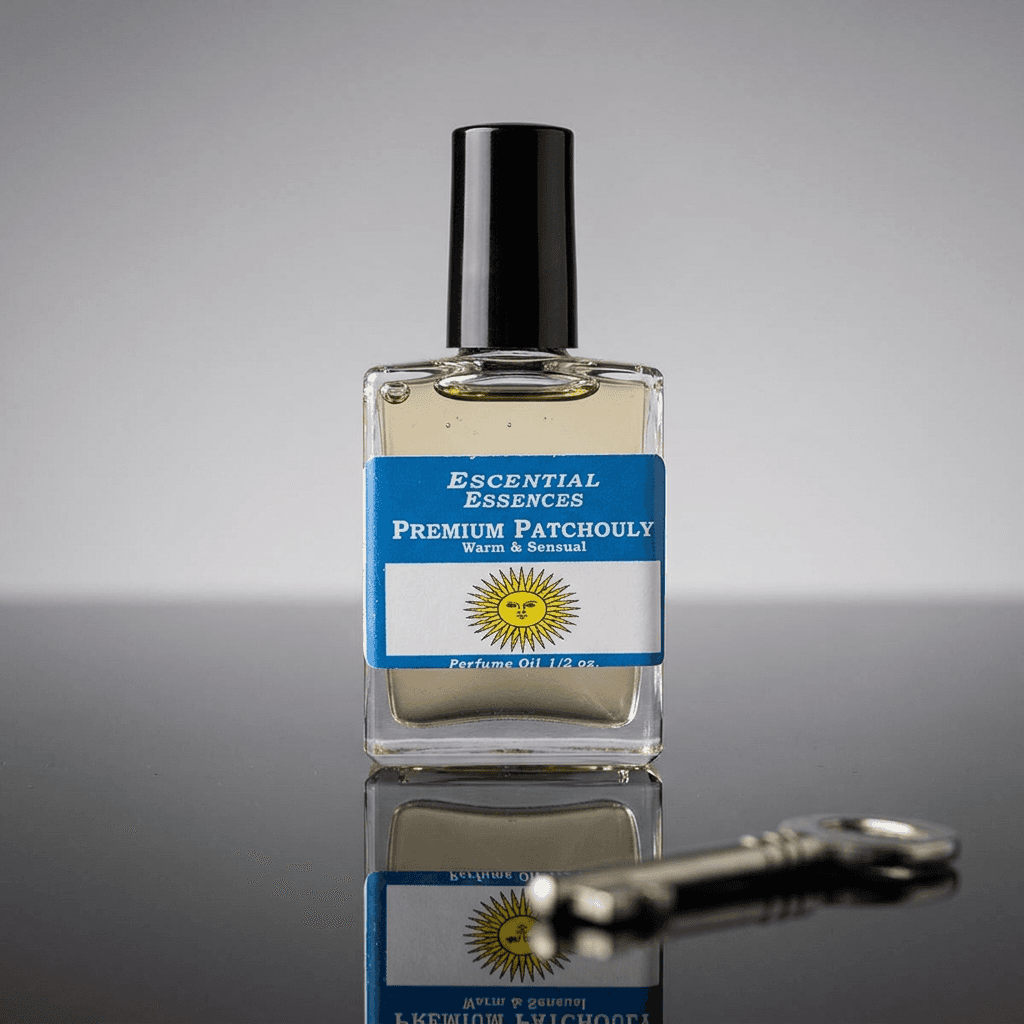 Close-up of Patchouli perfume oil bottle on sleek black surface with neutral studio background, focusing on crystal clarity and amber hue.