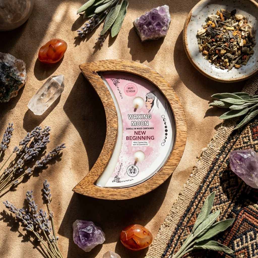 Overhead view of the Waxing Moon New Beginning Candle on a bohemian table with ritual accessories like crystals and herbal teas.