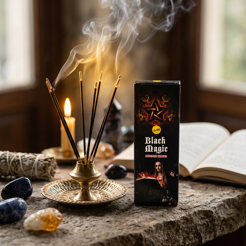 Close-up of burning Black Magic Sree Vani incense sticks in a brass holder with smoke curling in a sacred ritual ambiance.