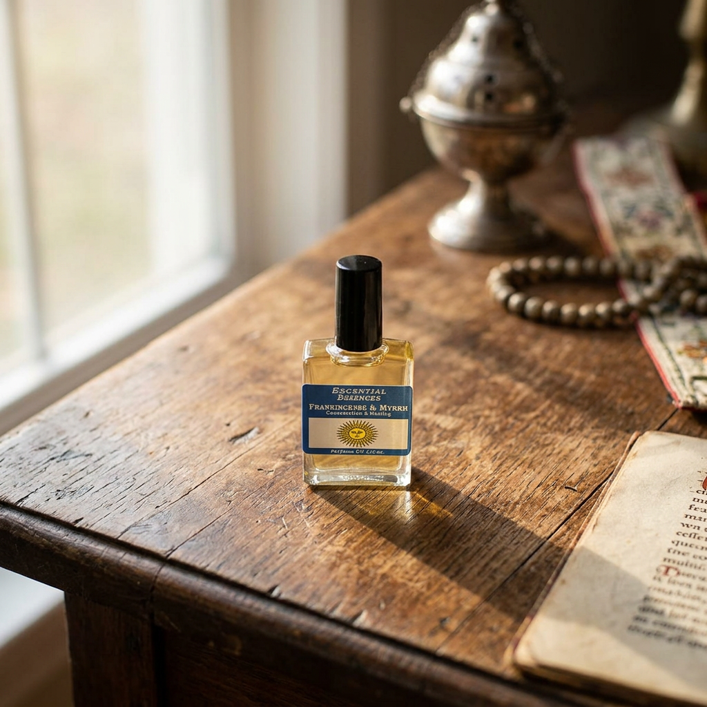 Perfume oil placed on an aged wooden altar with blurred religious artifacts, lit by soft morning light.