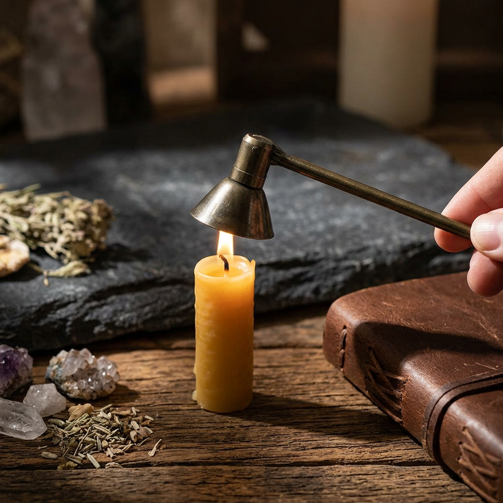 Detailed close-up of 5-inch metal candle snuffer gently covering a flickering candle flame, showcasing texture and delicate design.