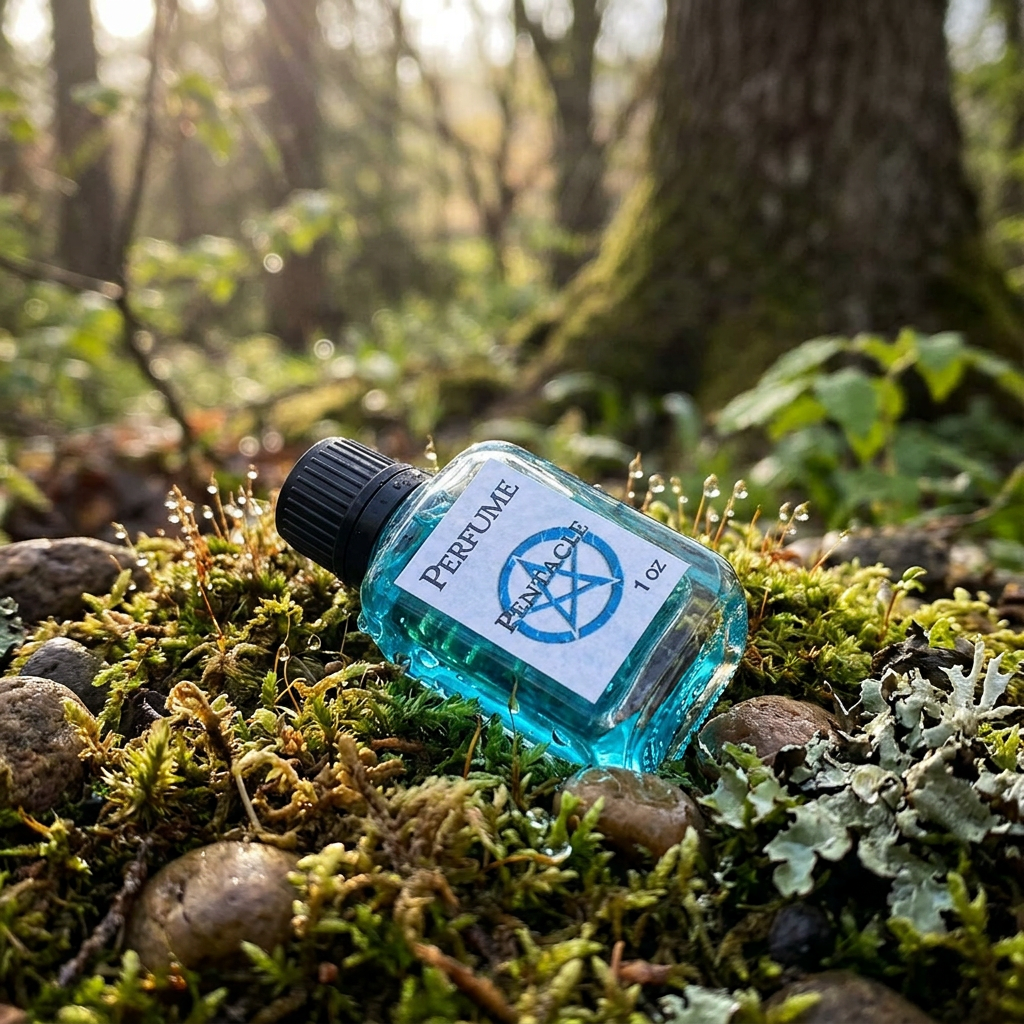 Close-up of 1oz Pentacle perfume on moss and stones outdoors at dawn, with dew drops and diffused light emphasizing micro-texture.