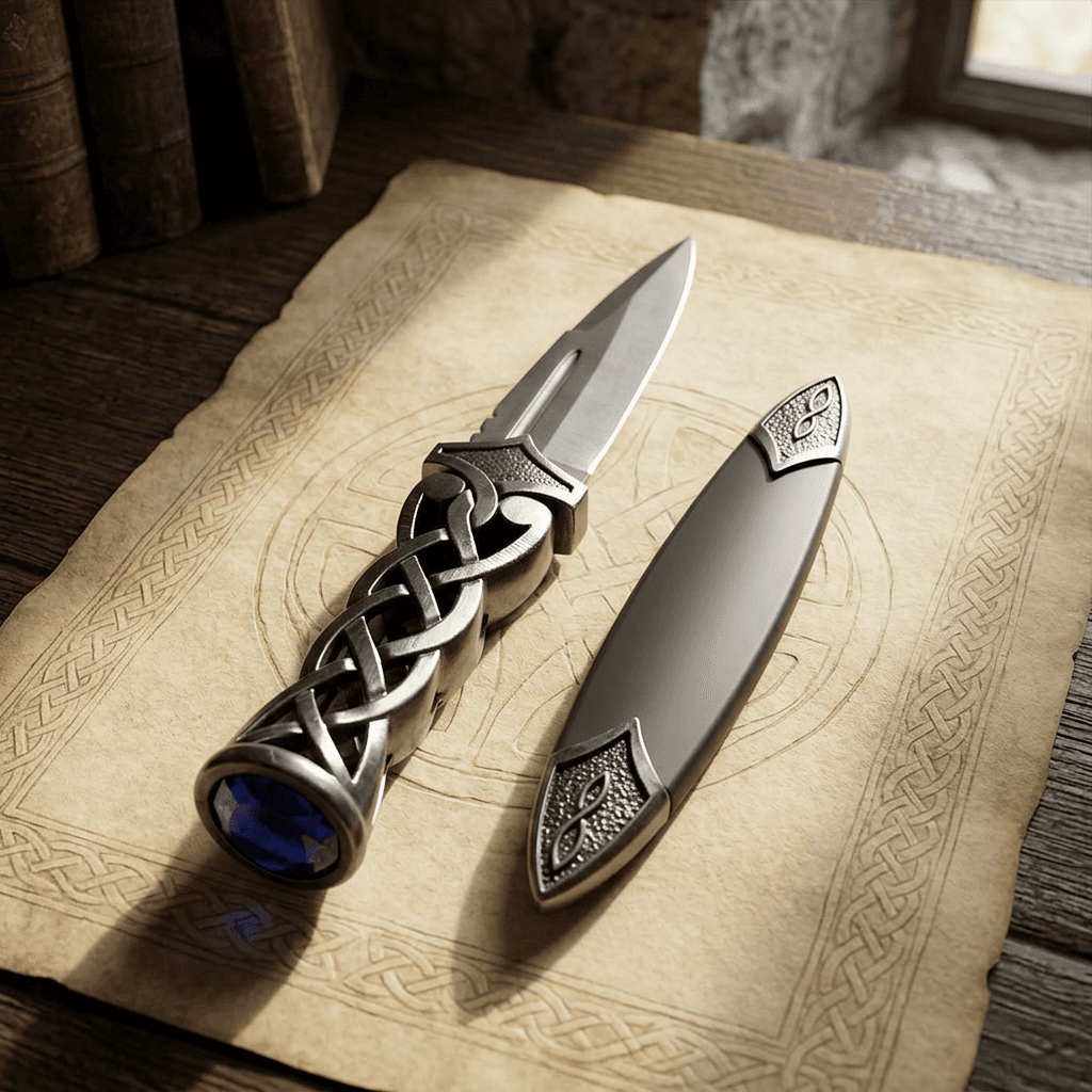 Artistic close-up of 8.5-inch Scottish athame handle with vivid blue ruby, polished steel finish, on old fabric with Scottish motif, emphasizing craftsmanship and heritage.