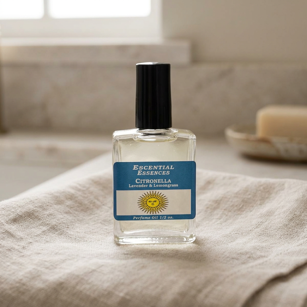 Close-up of a 1/2oz citronella perfume oil bottle on a linen cloth in a modern bathroom, with soft diffuse morning light highlighting fine details.