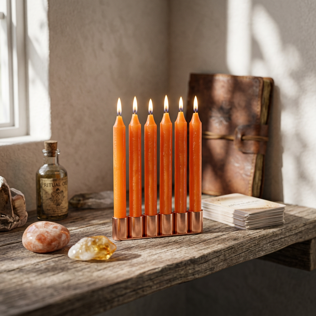 Photorealistic image of cozy room corner featuring candles on a wooden shelf among ritual objects, illuminated by natural sunlight highlighting textures and flames.