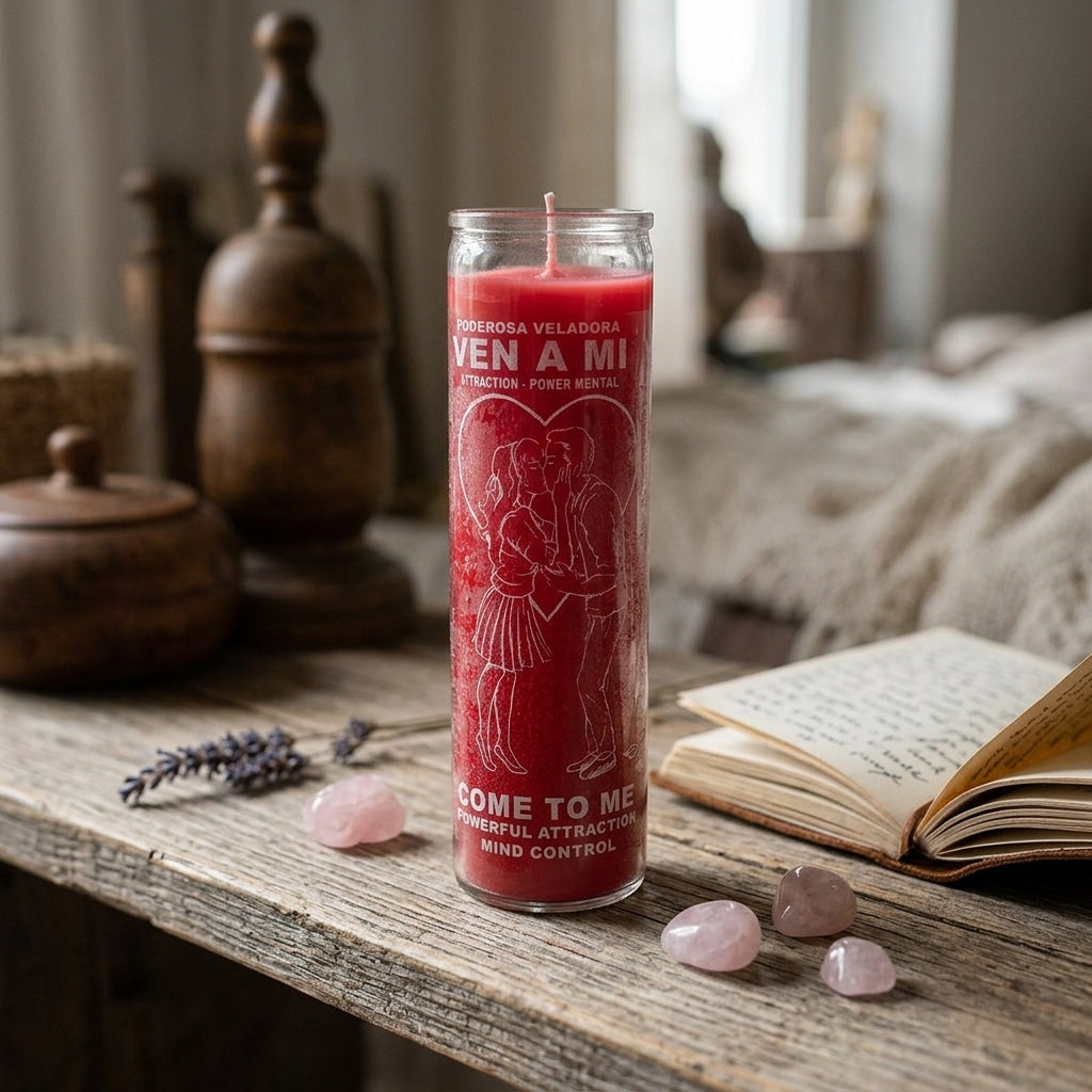 Red jar candle on rustic wooden surface, warm glow enhances romantic and calming atmosphere for love rituals.