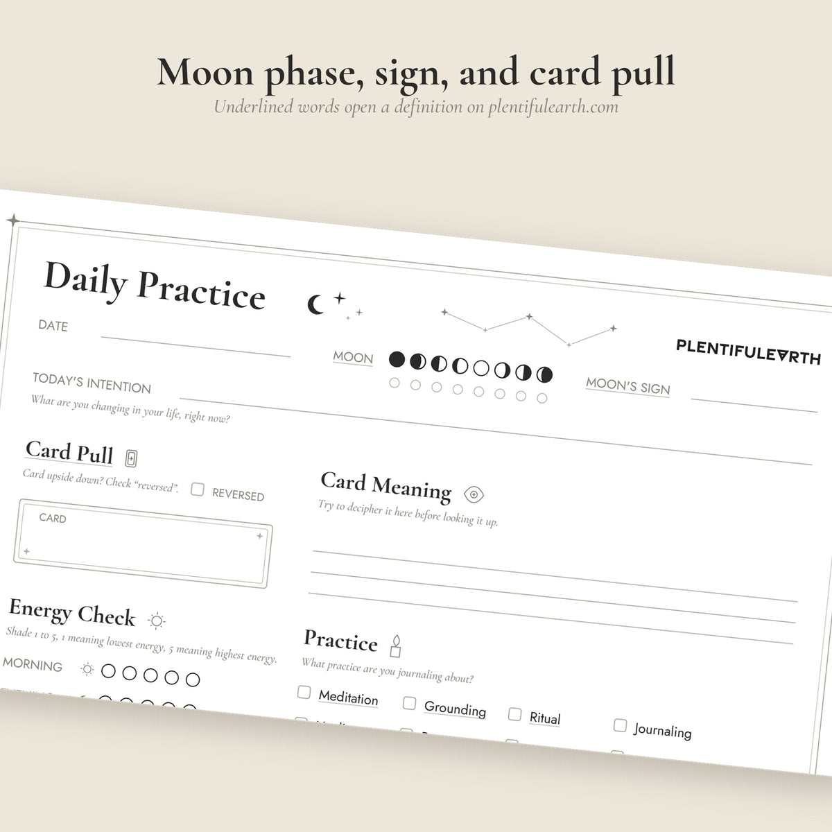 Close-up of the moon phase, moon sign, and card pull sections of the Daily Practice Page