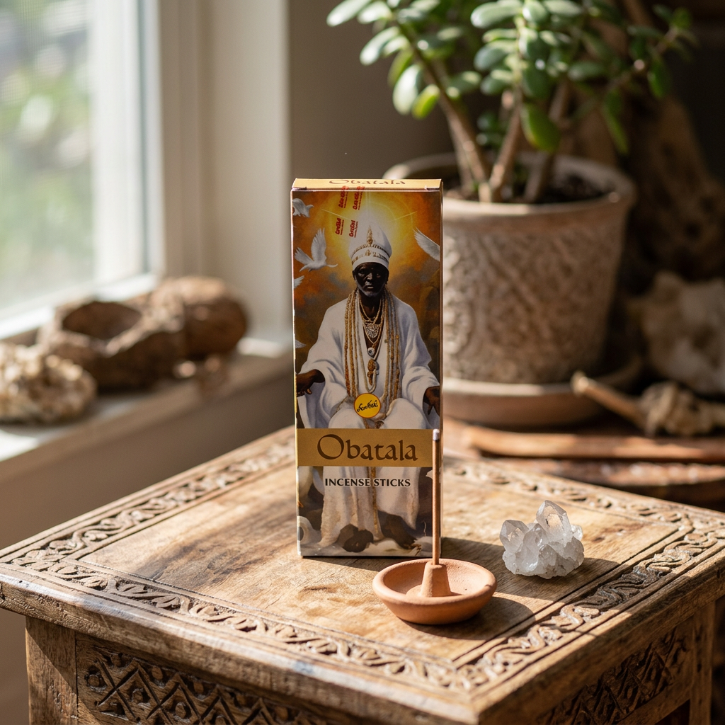 High-res image of Obatala Sree Vani incense box on textured surface, surrounded by spiritual symbols like crystals and plants.