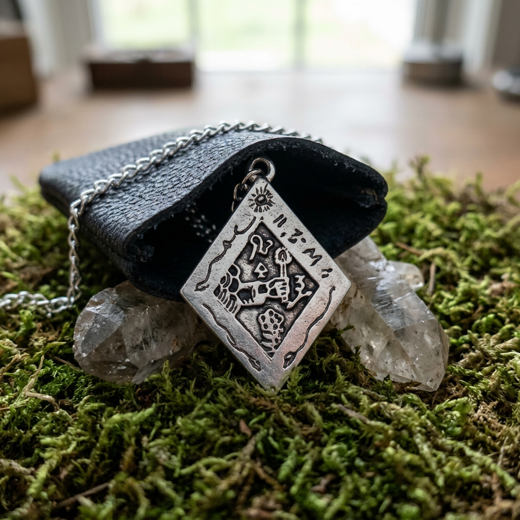 Realistic scene of Discover Treasures Amulet inside a leather pouch on moss and crystals, lit by gentle daylight.