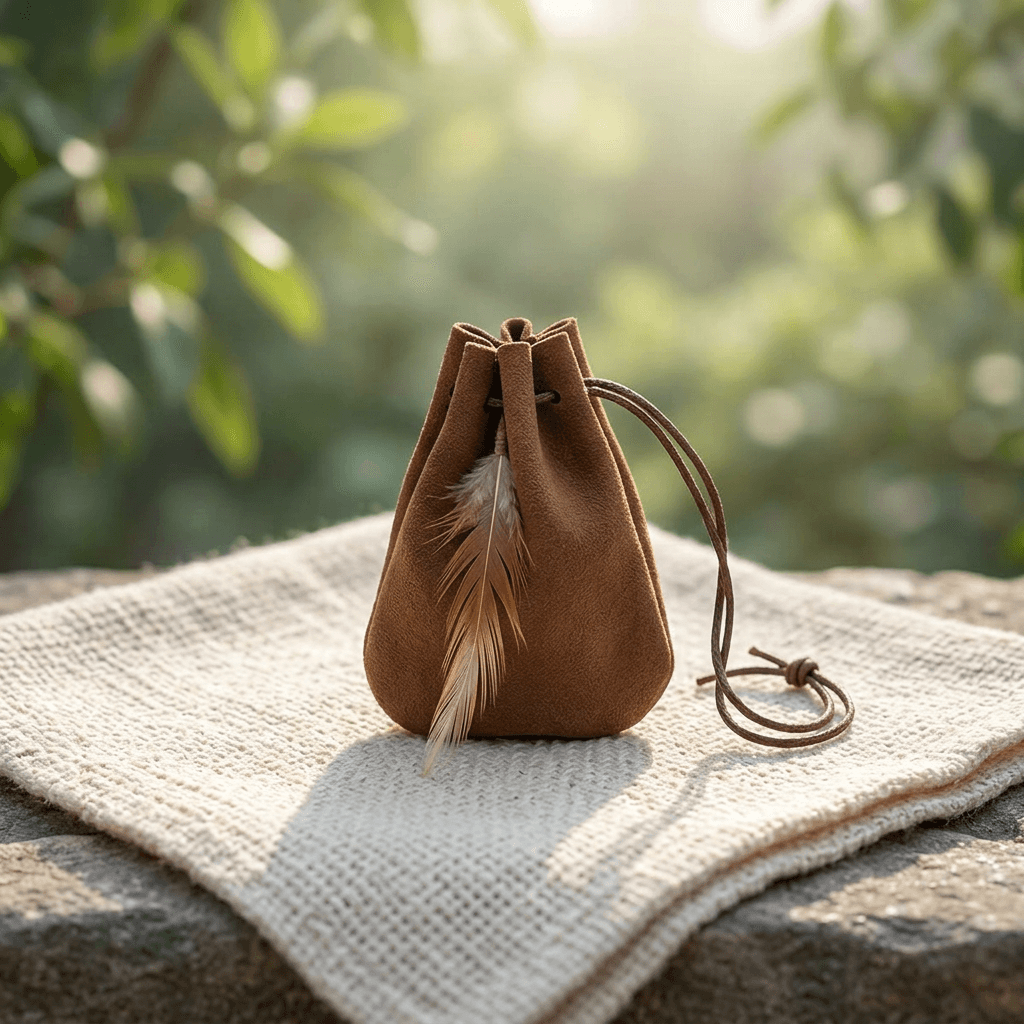 High-resolution shot of a small brown faux leather medicine bag resting on woven cloth with crystals, in a serene natural setting.